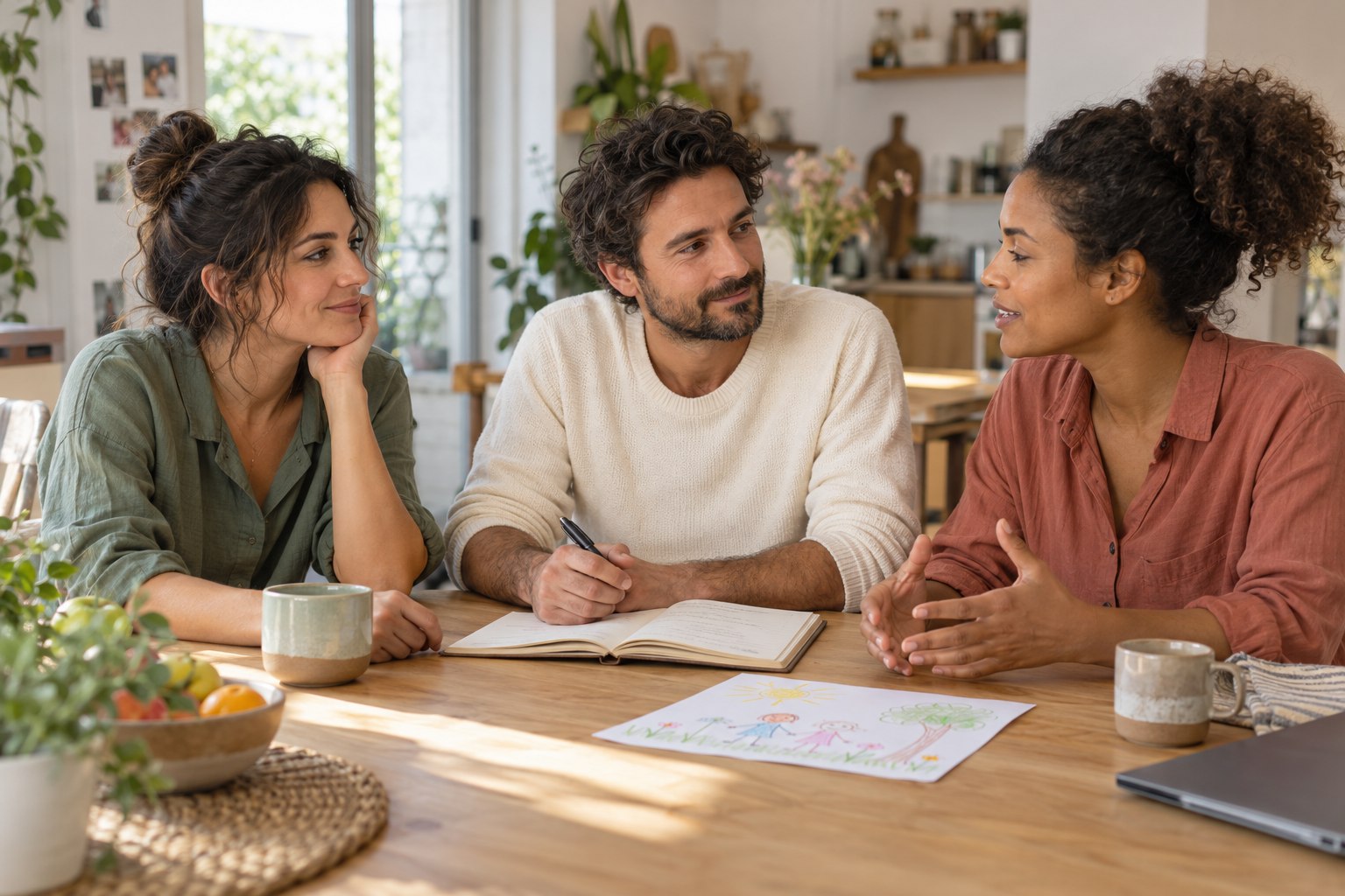 Scène d’illustration : trois adultes discutent d’un projet familial autour d’une table.